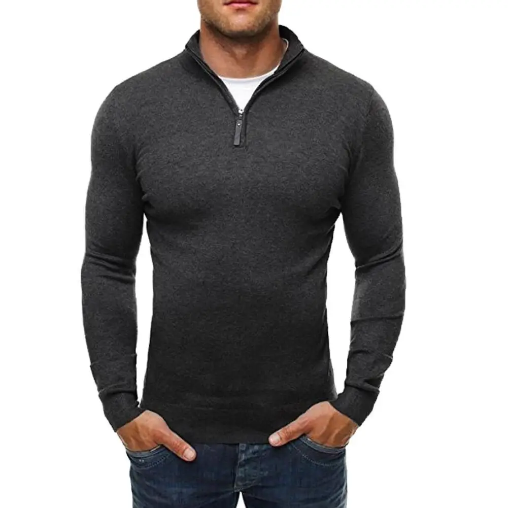 

Chic Men Solid Color Stand Collar Long Sleeve Zipper Knitted Sweater Top Blouse