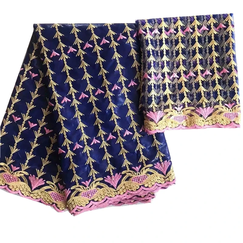 Ткань базин с вышивкой африканским тюлем и кружевной блузкой 5+2 ярда.