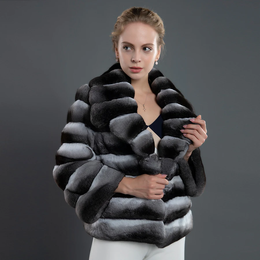 CNEGOVIK kürk ceket kadın palto Chinchilla renk hakiki Rex tavşan kürkü ceket sıcak kış kırpılmış moda dış giyim