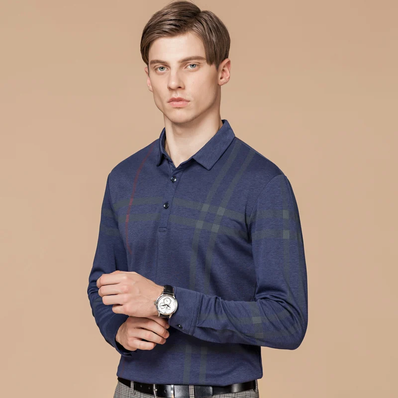 

High quality lapel long sleeve T-shirt men's spring new business youth plaid POLO shirt fashion clothes