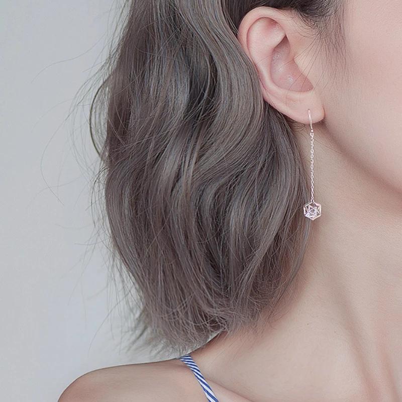 Женские серьги-подвески в виде кубика циркония серебристый цвет ААА S925