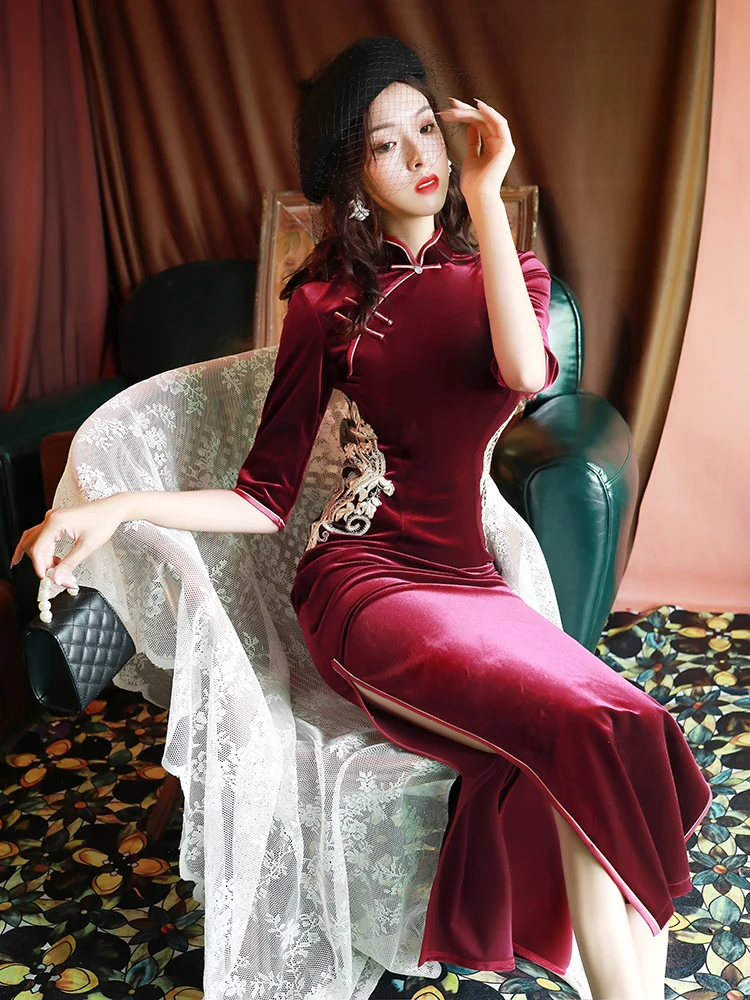 

Dress Wine Red Velvet Cheongsam 2021 New Elegant Long Women's Retro Chinese Style Improved Dress Fashion Women Fairy