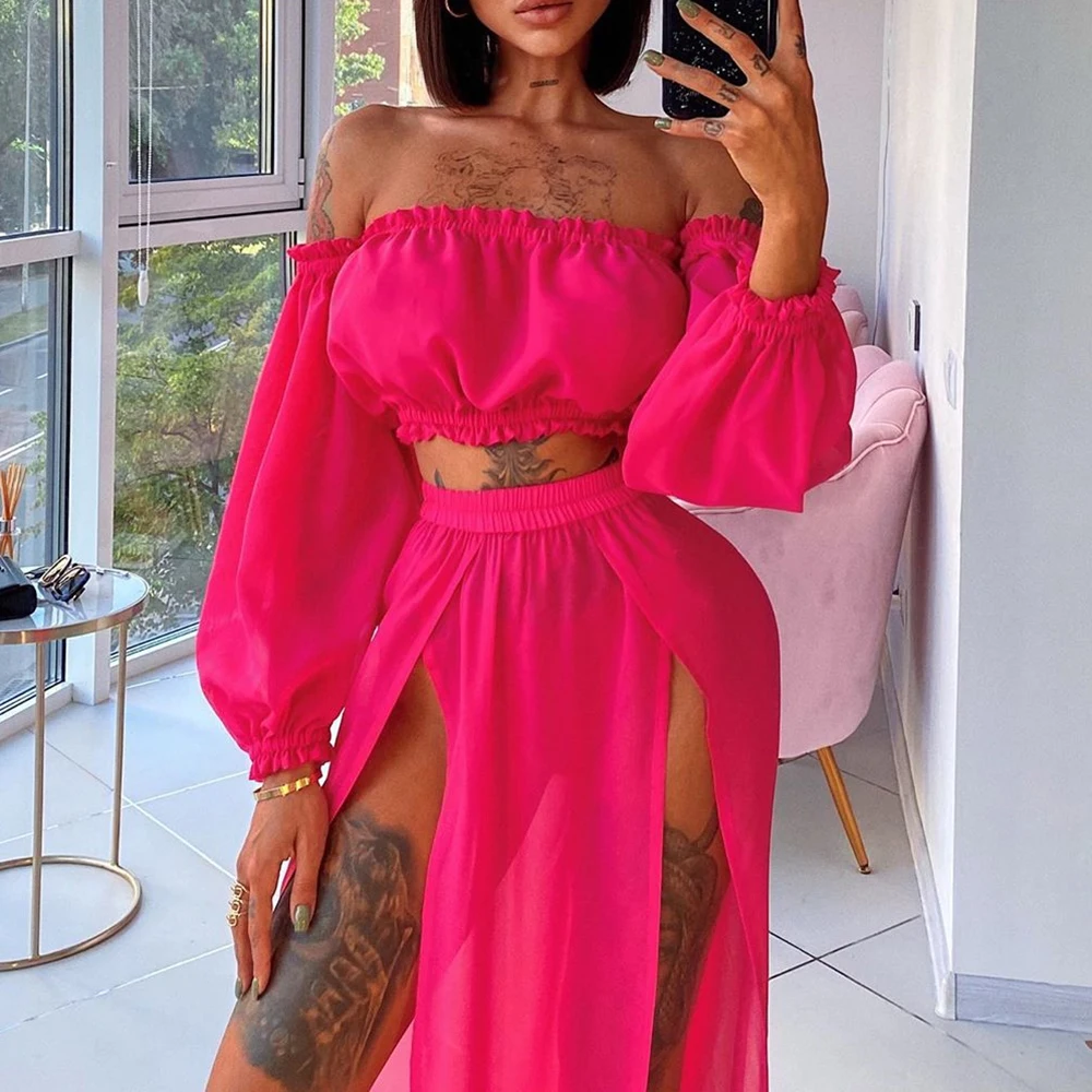 

2021 Women Beach 2pcs Bikini Cover-Ups Swimsuit Off Shoulder Top+ High Waist Dresss Sexy Ladies Swimming Cover Up Bathing Suit