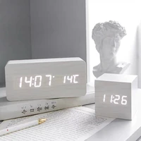 alarm clock led wooden watch table voice control digital wood despertador snooze time temperature display desktop clocks