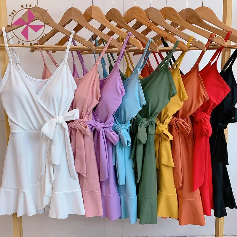 Женский слитный купальник пуш-ап однотонный в Корейском стиле с юбкой для живота