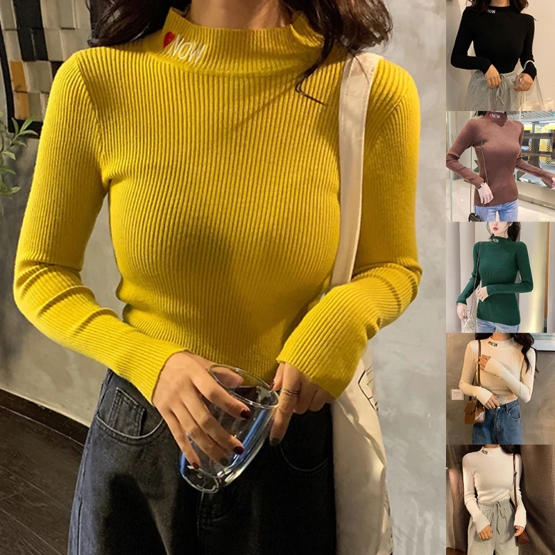 

Женский трикотажный свитер с длинным рукавом, однотонный облегающий пуловер-водолазка с вышивкой в виде букв и сердца, базовый пуловер для ...