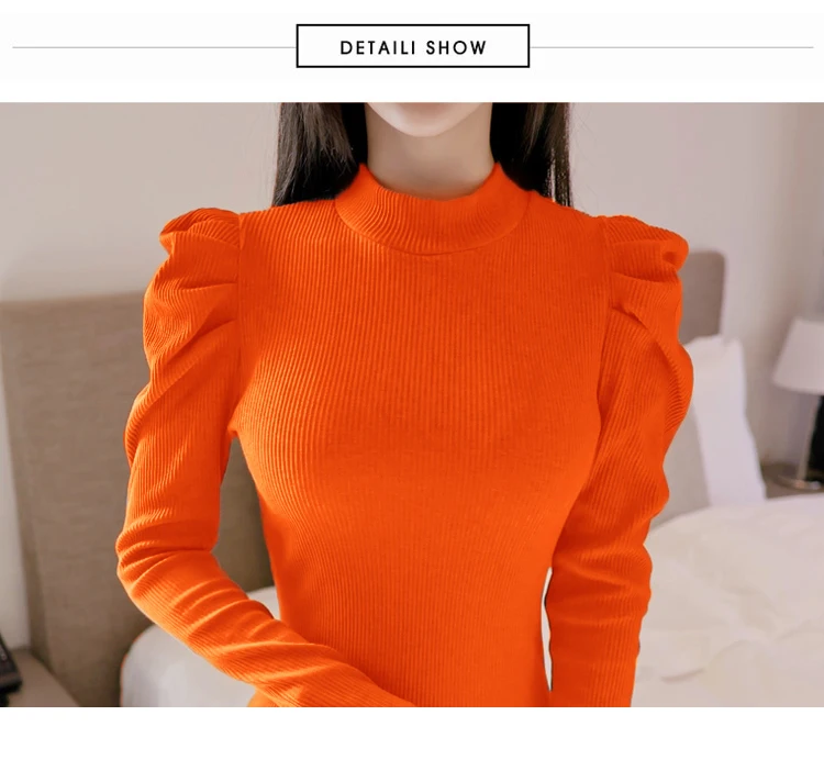 

2020 Winter Puff Long Sleeved Solid Stand Neck Pullover Knitted Slim Bodycon Mini Sweater Female Dress