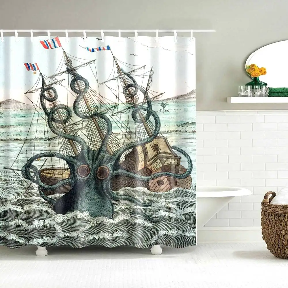 Занавеска для душа Dafield осьминог Полиэстеровая ткань красная картина маслом на