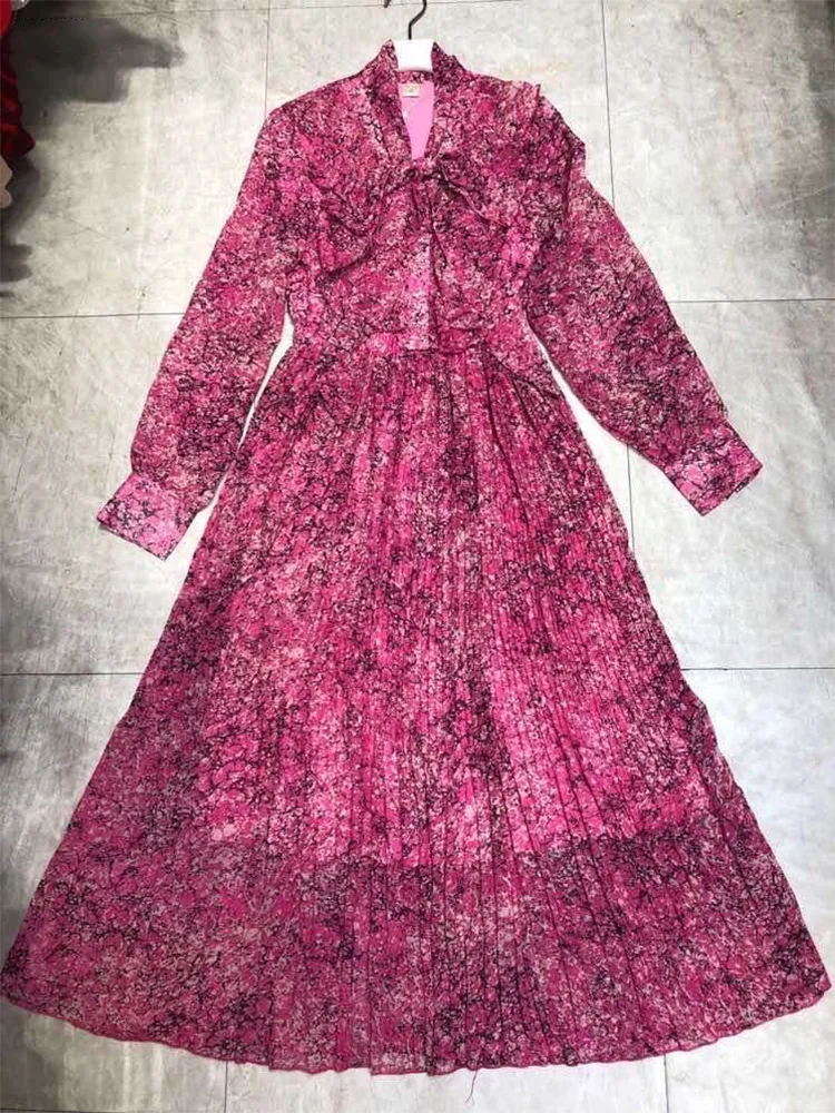 

Retro Floral Sexy Ruffled V-neck Lace-up Waist High Waist Loose Large Pleated Dress Ladies' Autumn New Fashion Temperament