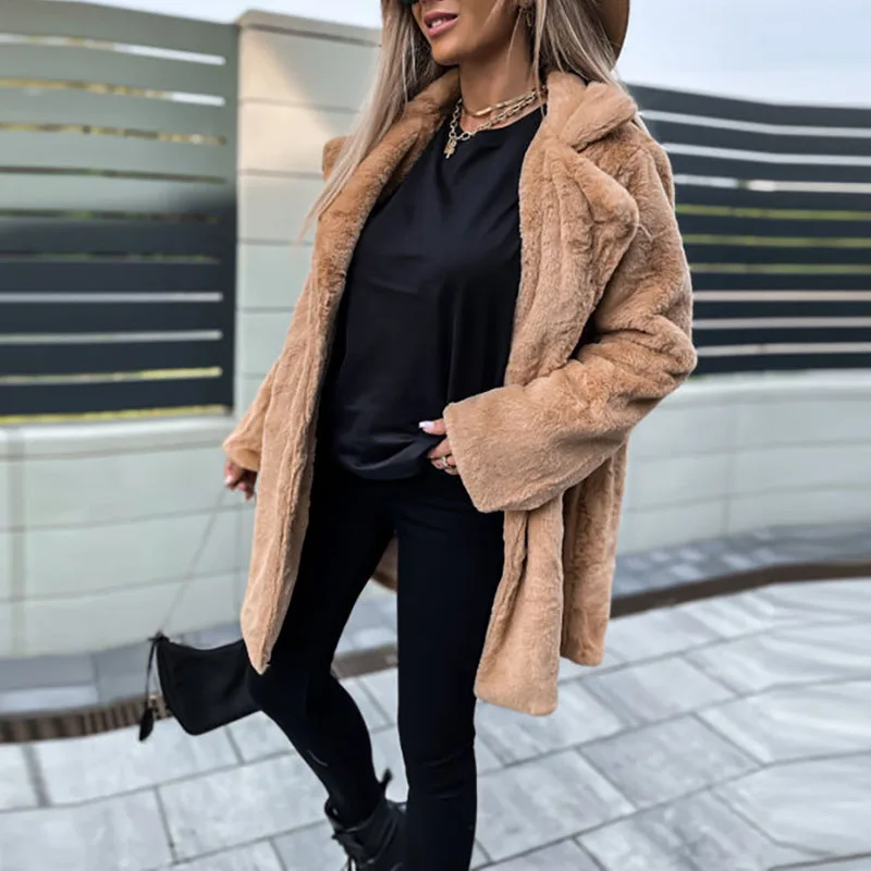 

Women Fashion Turn-down Collar Furry Jacket Autumn Single Breasted Button Office Top Coats 2022 Winter Solid Loose Warm Cardigan
