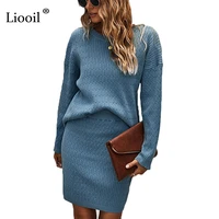 liooil knitted two piece sets women outfits sweater and skirts 2020 long sleeve top ladies autumn winter clothes blue knitwear