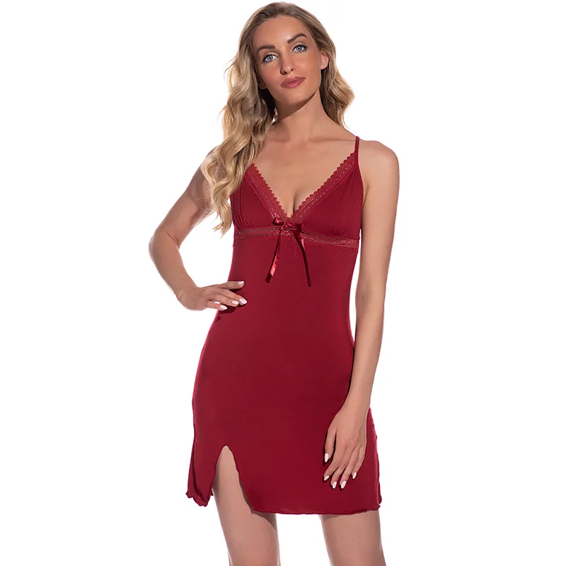 

2021 женская ночная сорочка из модала, сексуальная ночная сорочка на бретелях-спагетти, кружевная ночная сорочка с бантом, одежда для сна без ...
