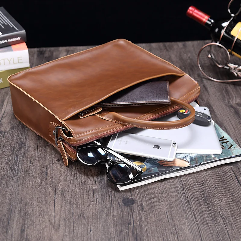 Men's Business Bag Genuine Leather Man Briefcase for Laptop 14 Messenger Cow Leather Bag Fashion Brown Shoulder Document A4 Bag
