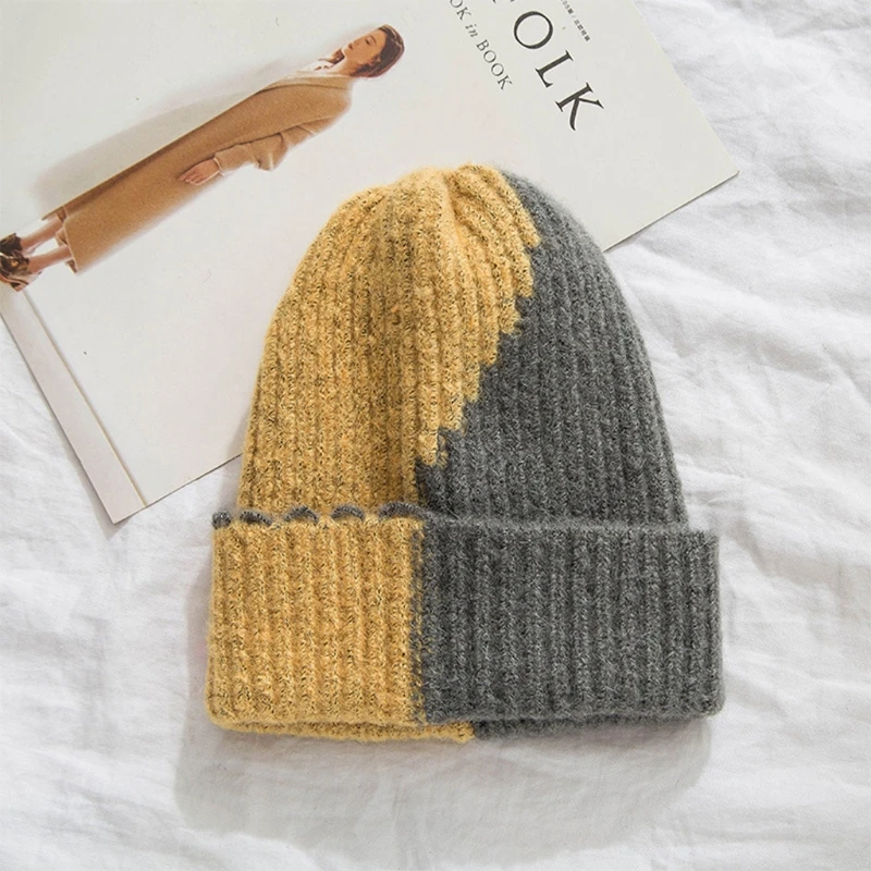 

Unisex Winter Ribbed Knitted Stretchy Beanie Hat Color Block Cuffed Skull Cap
