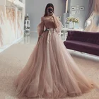 Грязно-розовые плиссированные тюлевые вечерние платья 2022 с открытыми плечами и пышными рукавами платья невесты с цветами свадебное платье на заказ