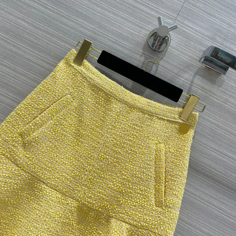 High-end Brand Yellow Skirts for Women Summer 2020 Preppy Style A Line Tweed Skirts Top Quality Fashion High Waist Skirts Lady