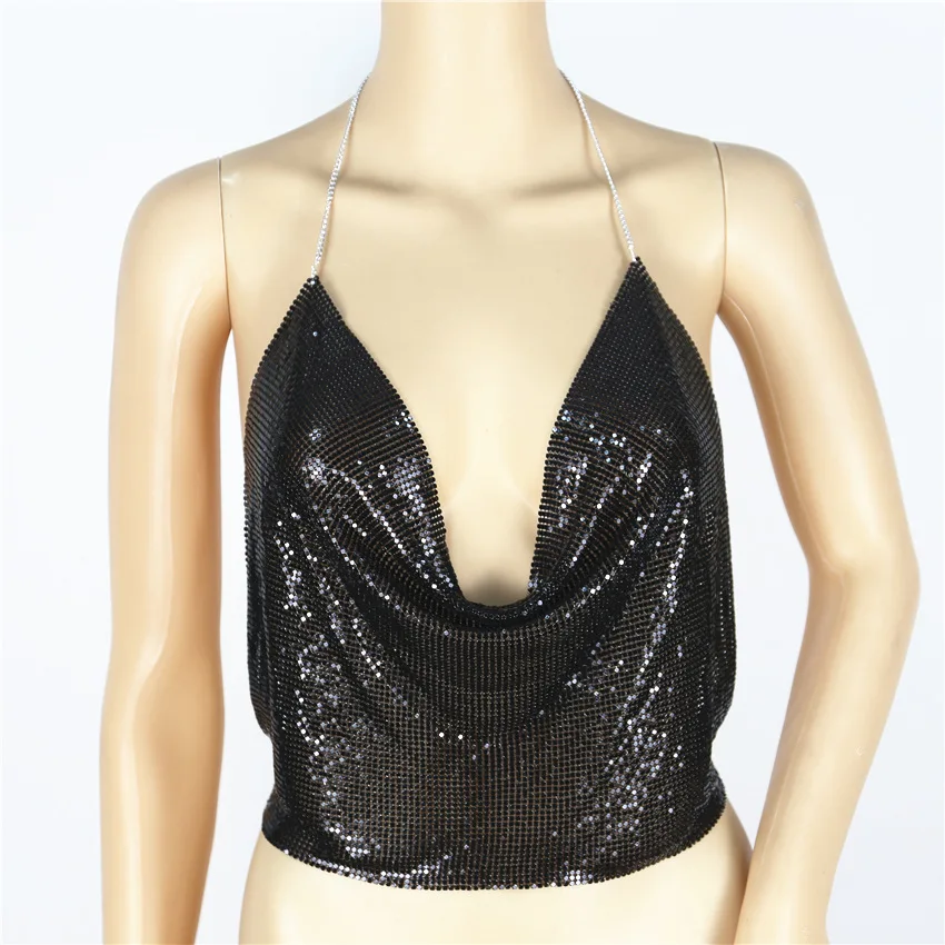 

QuanRun Sexy Fashion Women Solid Metal Sequins Sleeveless Low Cut Halter Crop Top Party Club Streetwear 2021 Spring