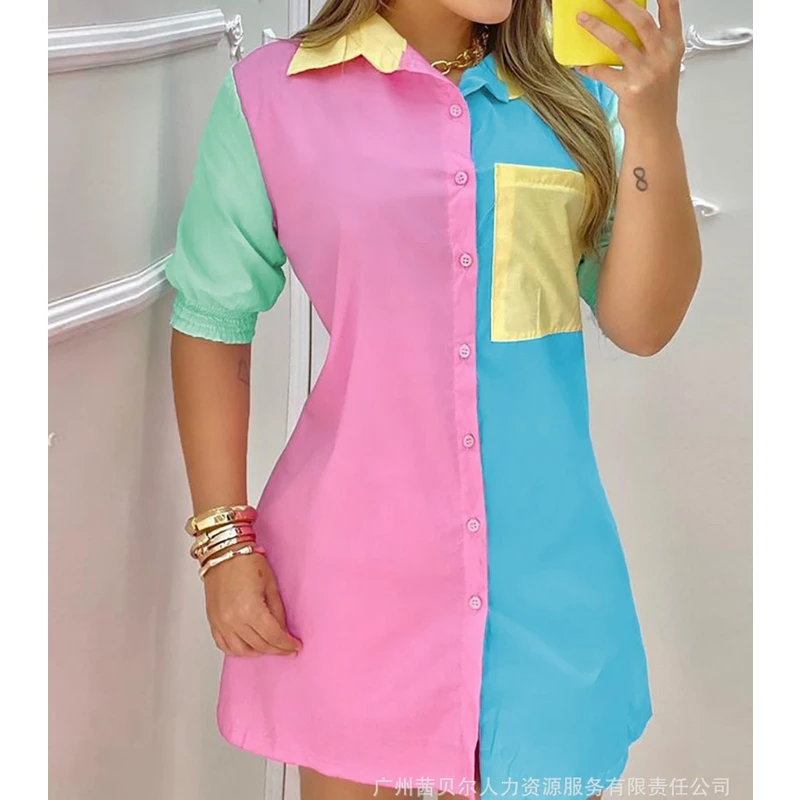 

Wepbel Long Sleeves Lapel Shirt Dress Casual Contrast Color Shirts Dress Women Mini Patchwork Mini Streetwear Shirt Dress