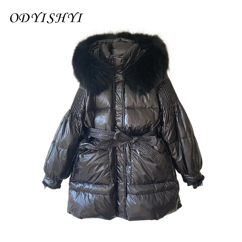 

Winter Thick Jacket Belt 2020 Fashion Ladies White Duck Down Coat Real Fox Fur Big Collar Glossy Mid Long Overcoat Women Parkas