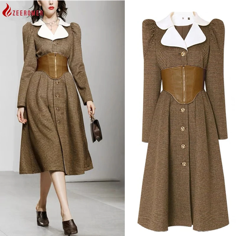 

Woolen Coat High-Quality Long French Doll Collar Houndstooth Jacket Women Winter Dress Fashion Waist Single-breasted Midi Dress
