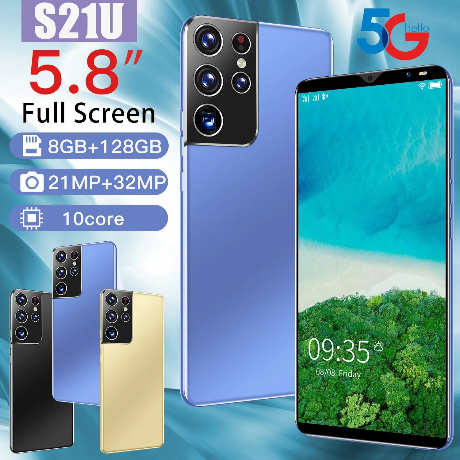 

S21U Smartphone Android 5.8 Inch 8+128gb 4800mAh Fingerprint Id Smart Phone Global 4g lTE 5g 21+32Mp Double Sim Cell Phones