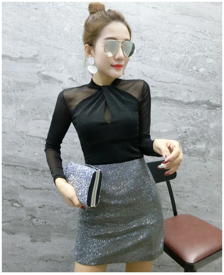 Chemisier Femme, новинка, сетчатая однотонная женская блузка с длинным рукавом, топы, повседневная приталенная рубашка с круглым вырезом, женская одежда, осень 7300 50