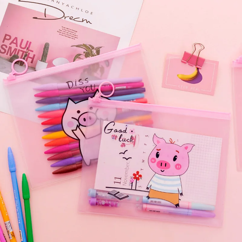 

A5 creative pink cartoon pig file bag cute girl zipper pencil bag storage bag school office stationery