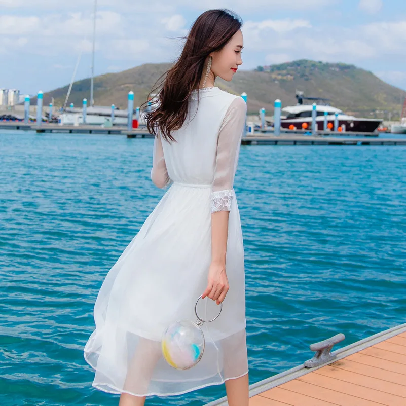 

Women White Summer 2020 200% Silk Dress Elegant Beach Korean Party Dresses Lace Midi Vestidos De Verano 29025 KJ5686