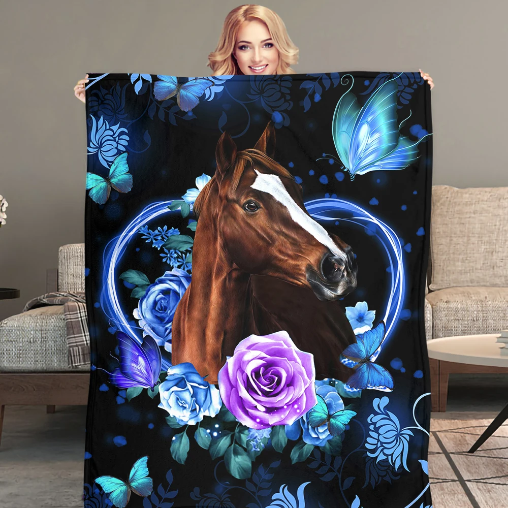 

Blue Fannel Blankets Cute Horse with Rose Floral Print Warm Plush Blanket Throw for Sofa/Bed/Couch Cozy Soft Sherpa Quilt Mantas