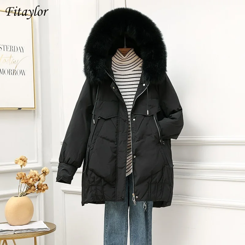 Fitaylor/зимняя куртка средней длины с капюшоном и большим натуральным меховым