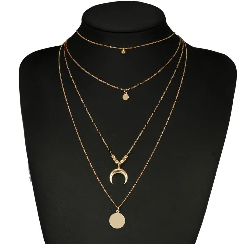 

New Fashion Retro Moon Horn Pendant Multilayer Golden Color Necklace Party Charm Jewelry Choker Necklaces Jewelry For Women