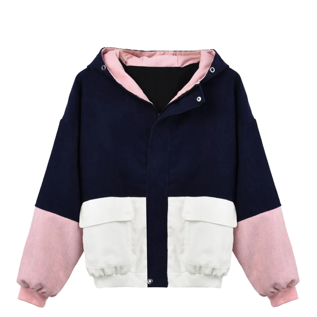 Женская теплая Вельветовая куртка с капюшоном в стиле Харадзюку зимняя на молнии