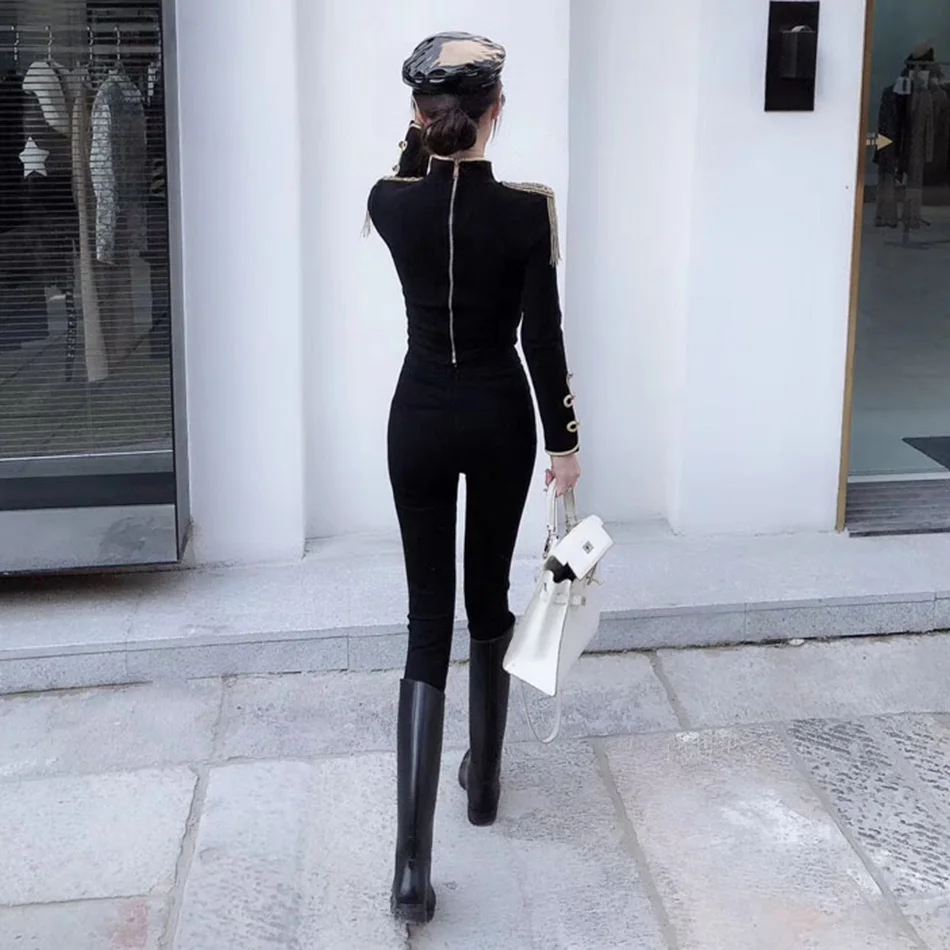New Autumn And Winter Ladies Club Bandage Suit Black White Fringed Shirt And Pants 2 Pieces Two-Piece Club Party Suit
