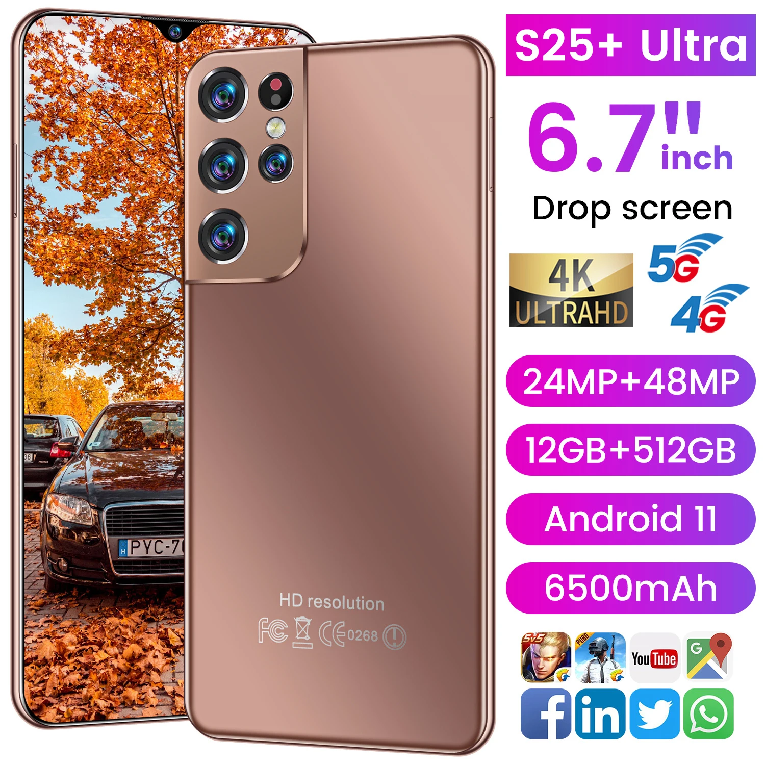 

New Hot Global Version S25+ Ultra 6.7inch Network Mobilephone HD+Water Drop Screen 12+512GB 24+48MP Face Unlock 4G 5G Smartphone