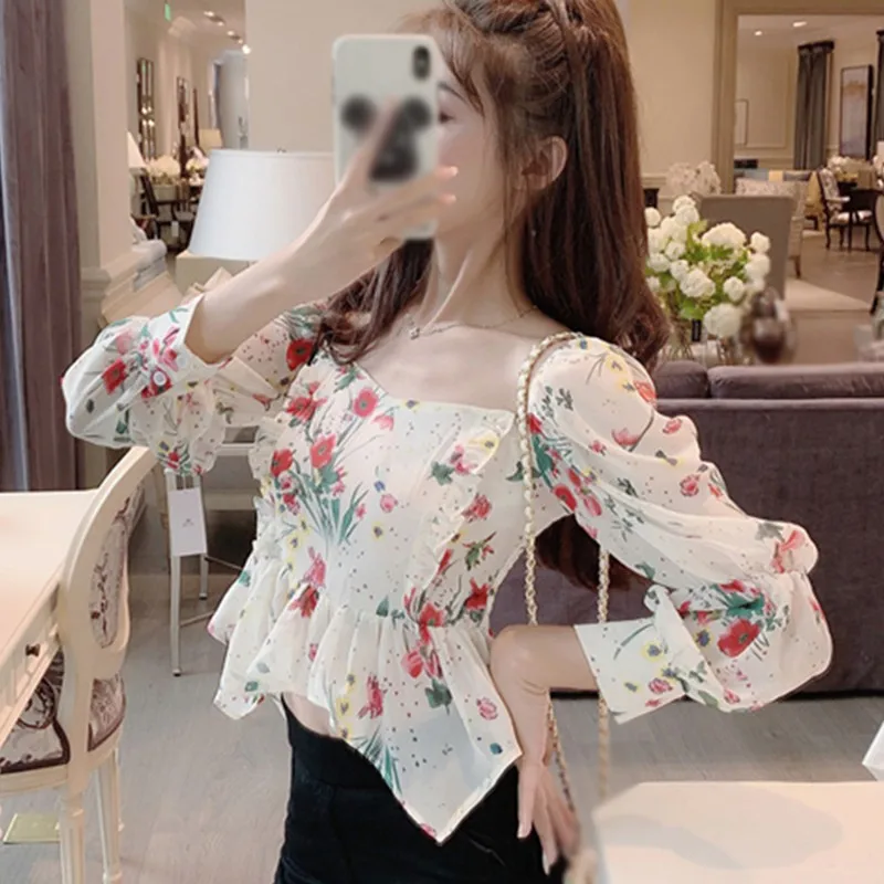 

Floral Tops Women's Shirts Square Collar Puff Sleeve Women Fashion Sexy Sweet Long-sleeved Shirt Blouse