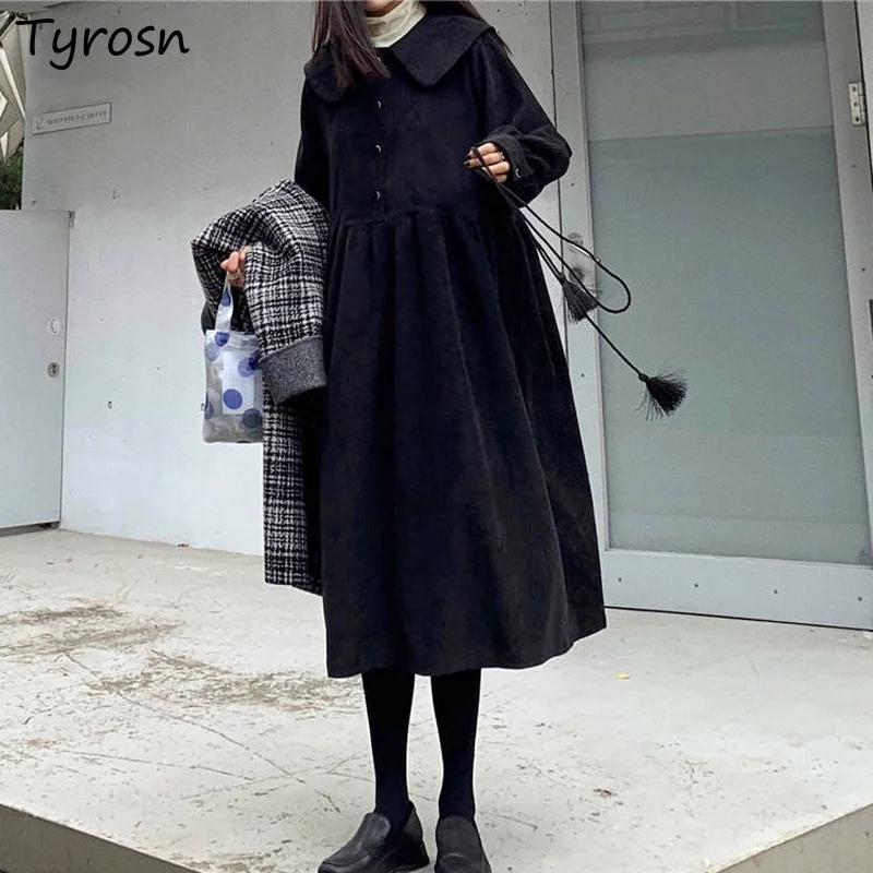 

Черное платье с длинным рукавом-фонариком, женские уличные платья-миди в стиле Харадзюку с отложным воротником, шикарные свободные платья с...