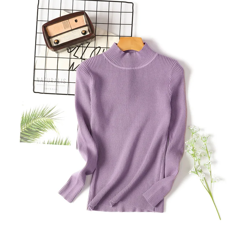 Simple style turtleneck sweater women's unadorned slim solid color rib knit long sleeve bottoming Jumpers pullover female spring | Женская