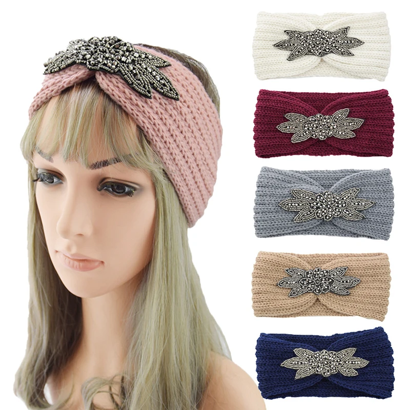 

Six-Leaf Crystal Beaded Knitted Headband Winter Crochet Head Wrap Wide Hairband