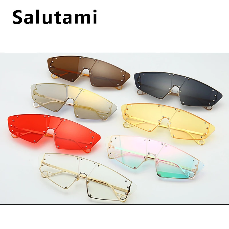 

Vintage One Piece Oversize Sunglasses For Women 2019 Luxury Brand Rivet Gold Mirror Sun Glasses Men Fashion Flat Hip Hop Shades