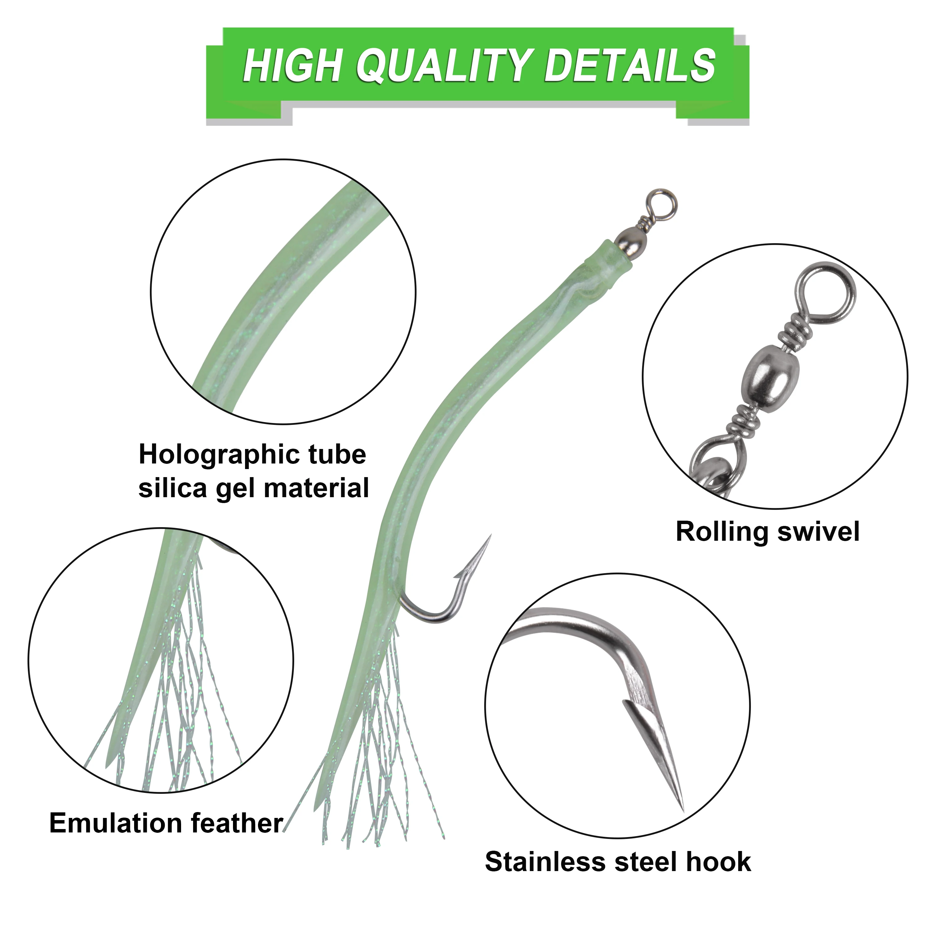 6Pcs Lange schaft angelhaken gestreiften Bass angeln locken Sand Aal offset haken Leuchtende Silikon Rohr Flash Kabeljau Teaser köder rigs – Detail 6
