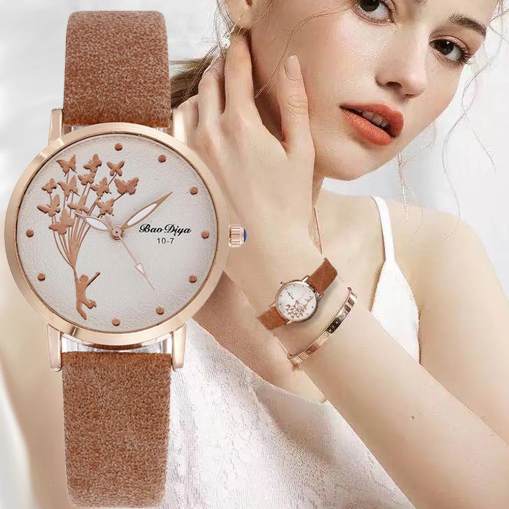 New Fashion Butterfly Women Watches 2022 Simple Brown Quartz Watch Vintage Leather Ladies Wristwatches Drop Shipping Clock