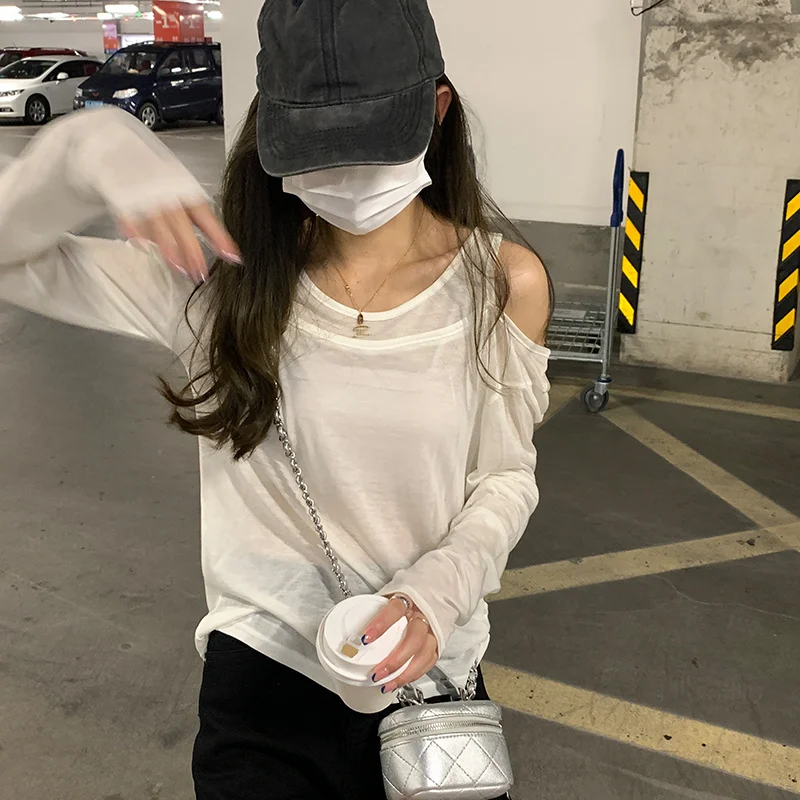 Черный ленивый 3-цветный Топ с длинным рукавом и открытыми плечами женская летняя