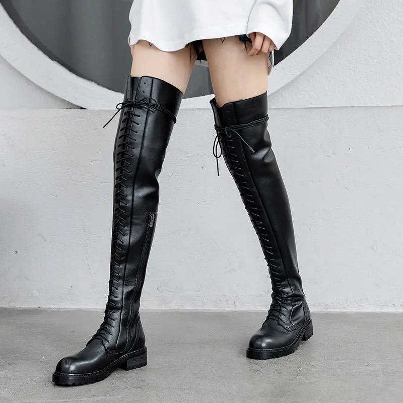MORAZORA genuine leather shoes women thigh high boots lace up zip low heels platform shoes woman Motorcycle boots black