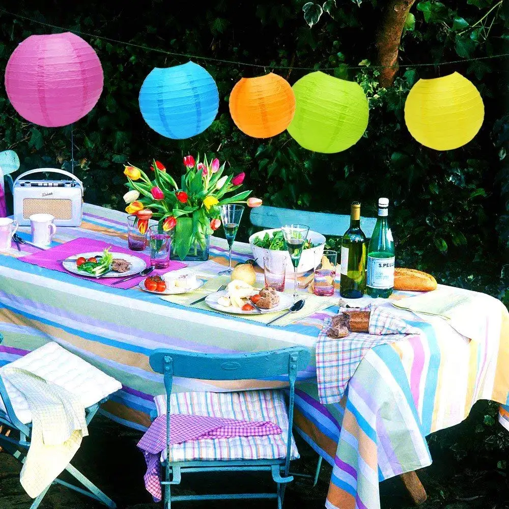 

METABLE 20pcs Assorted Rainbow Color Paper Pom Poms and Paper Lanterns 5 Colors, for Party Baby Shower and Wedding Decorations