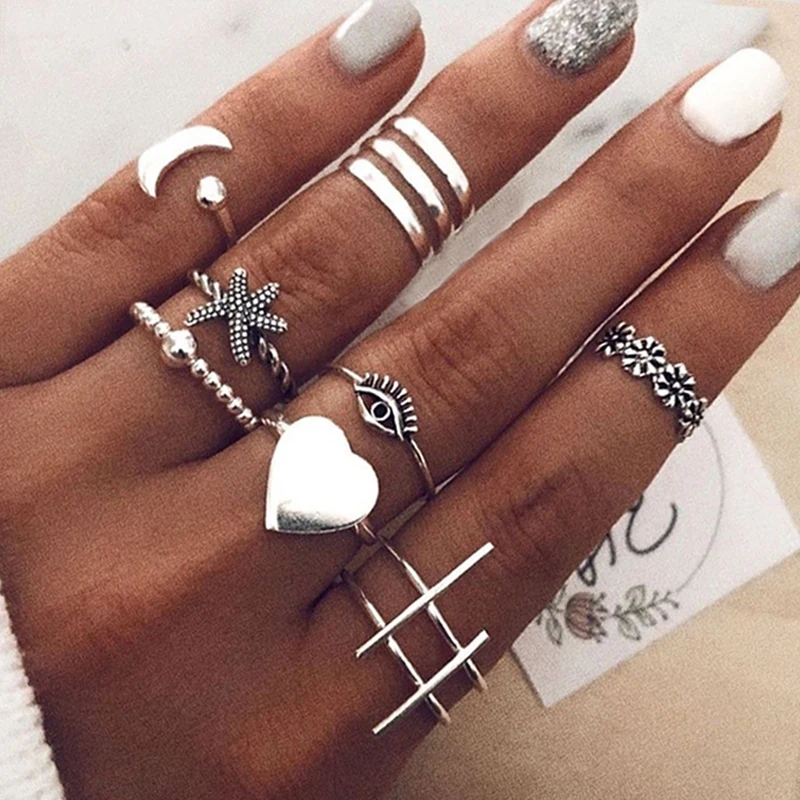 10 шт./партия для женщин набор колец в богемном стиле ретро луна звезды глаз цветок