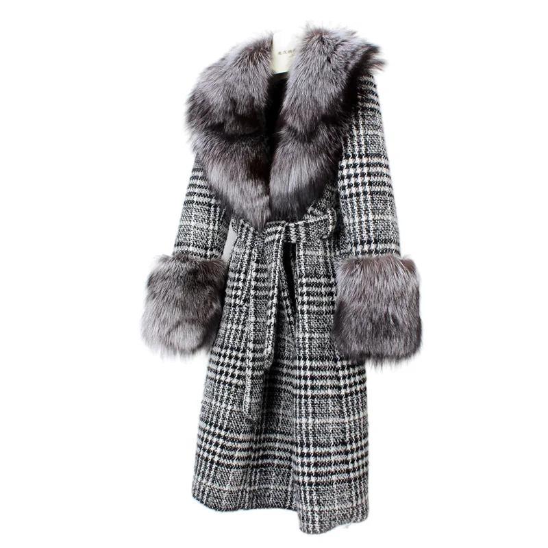 Women's Houndstooth Wool Coat Silver Fox Sleeve Real Fox Fur Collar Warm Overcoat Winter Autumn Outerwear enlarge