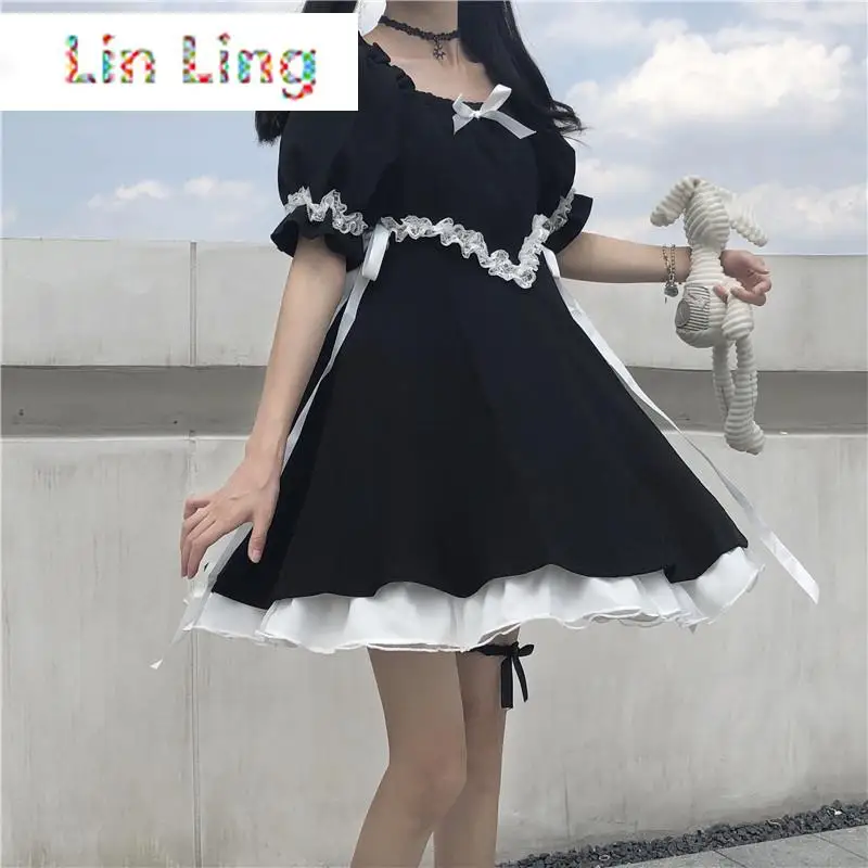 

Gothic Lolita Western style Harajuku black puff sleeve dress retro dark Japanese black dress cool style
