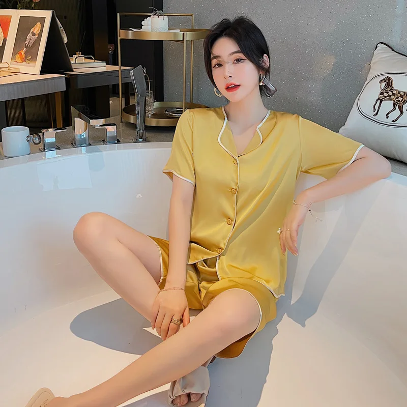

White Summer Women Pajamas Set Short Sleeve 2PCS Sleepwear Satin Silky Shirt&Shorts Femme Loungewear Casual Pijamas Suit