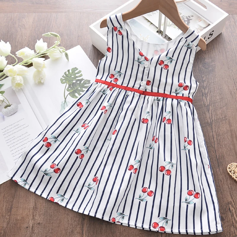 

2021 New Girls Casual Dress Summer Girl Kids Striped Cherry Print Costumes Sleeveless Children Princess Party Clothing for 2-7Y