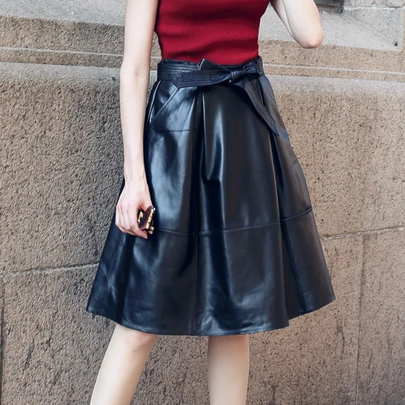 Женская юбка из натуральной овечьей кожи трапециевидная Юбка До Колена с высокой